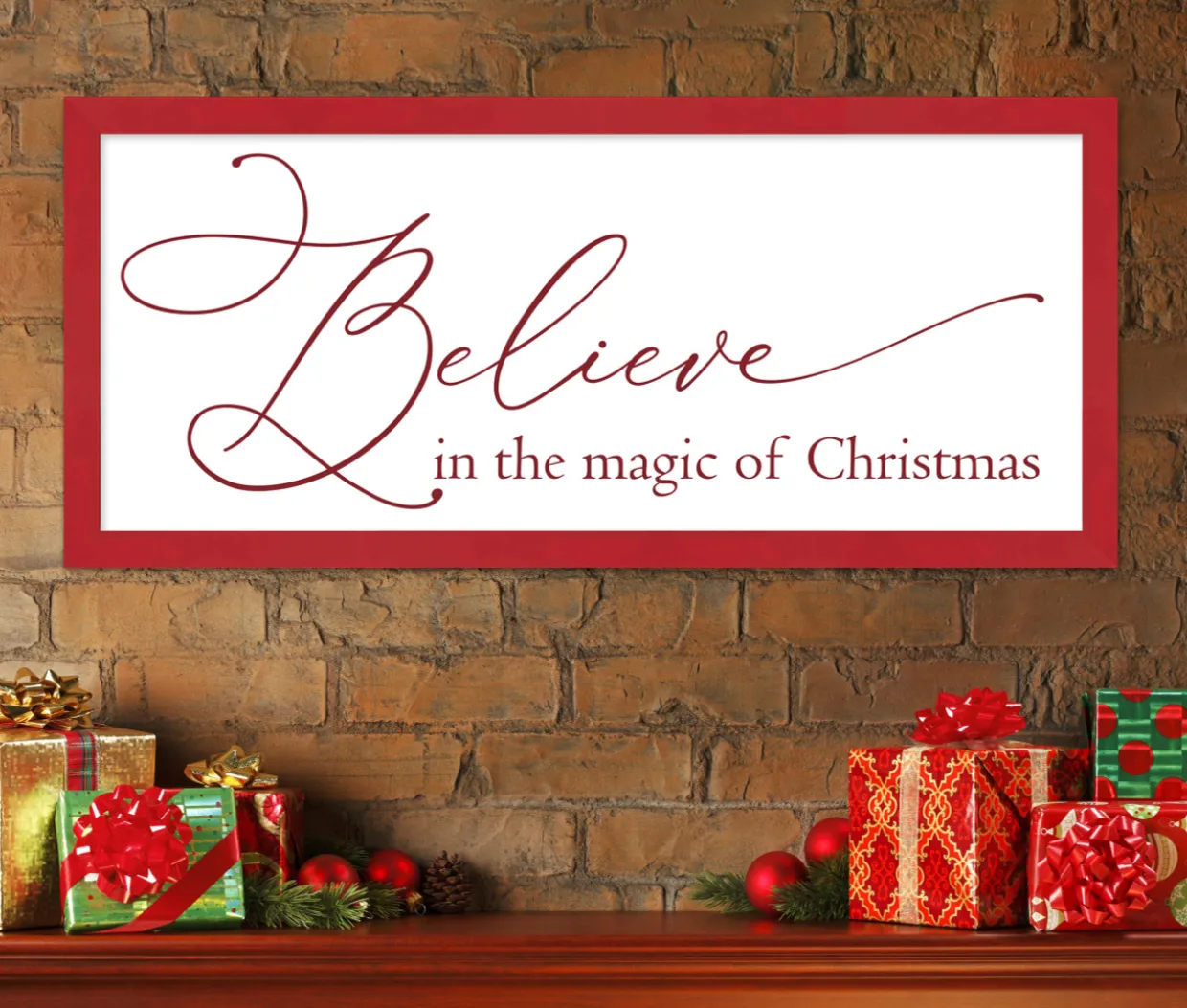 Oversize Believe in the Magic of Christmas 19" x 43.5" Framed Christmas Wall Decor Sign Poster in a Red Wooden Frame with UV Acrylic and Hangers