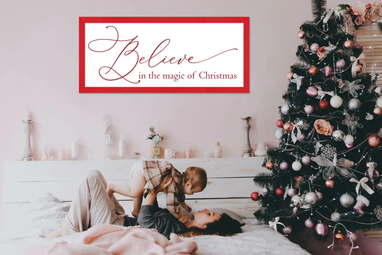 Oversize Believe in the Magic of Christmas 19" x 43.5" Framed Christmas Wall Decor Sign Poster in a Red Wooden Frame with UV Acrylic and Hangers