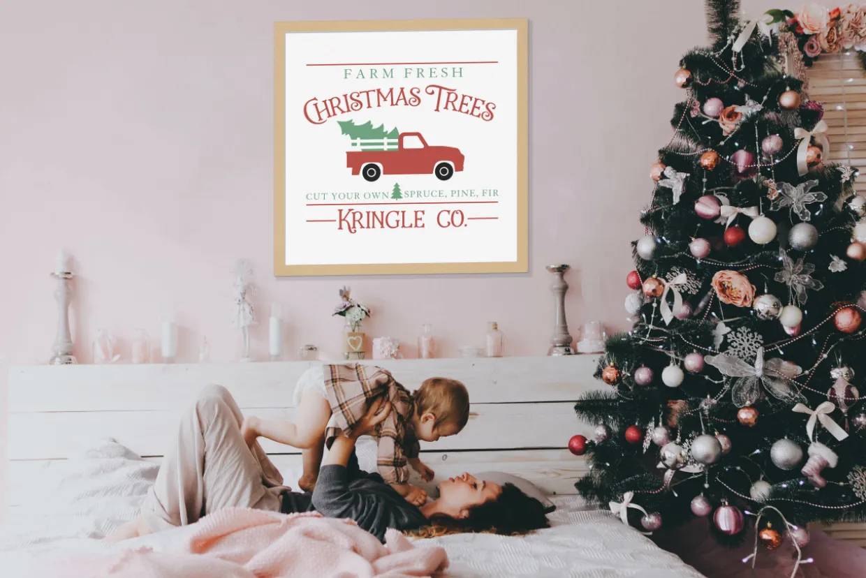 Oversize Kringle Company Tree Farm 31.5" x 31.5" Framed Christmas Wall Decor Sign Poster in a Natural Wooden Frame with UV Acrylic and Hangers