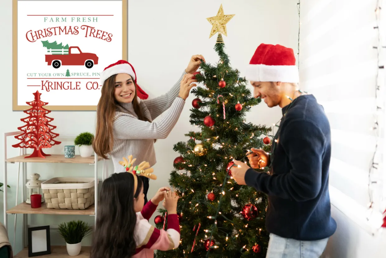 Oversize Kringle Company Tree Farm 31.5" x 31.5" Framed Christmas Wall Decor Sign Poster in a Natural Wooden Frame with UV Acrylic and Hangers
