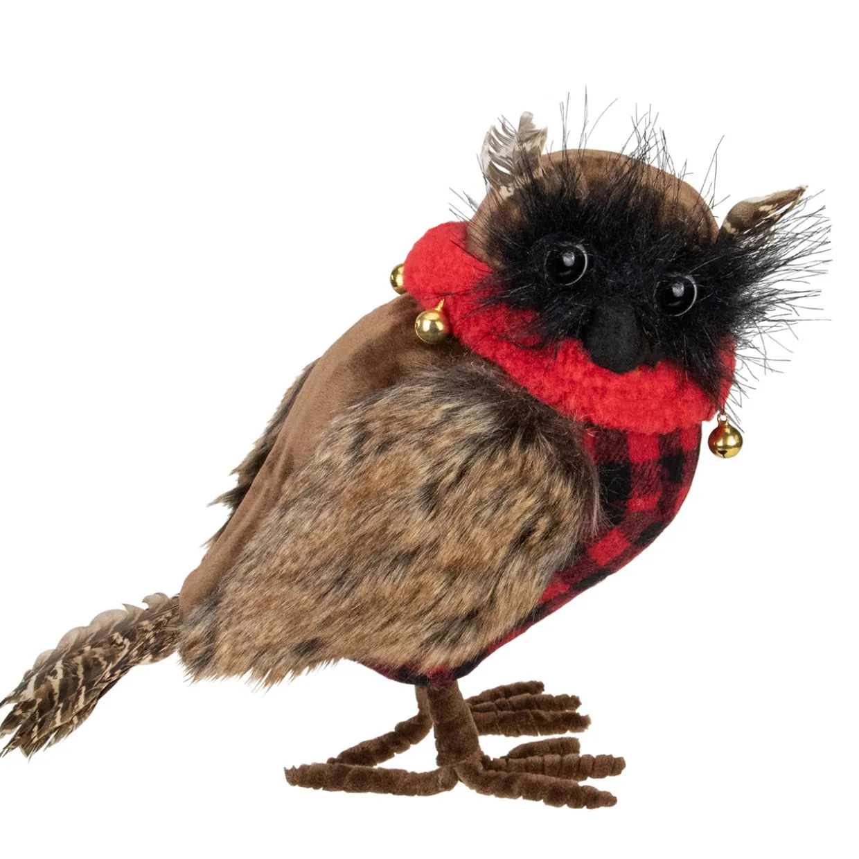 Owl with Buffalo Plaid Vest and Jingle BellsChristmas Figure - 10"