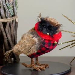Owl with Buffalo Plaid Vest and Jingle BellsChristmas Figure - 10"