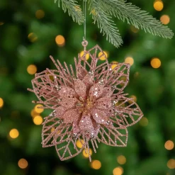 Pack of 4 Glittered Pink Poinsettia Christmas Ornaments 6"