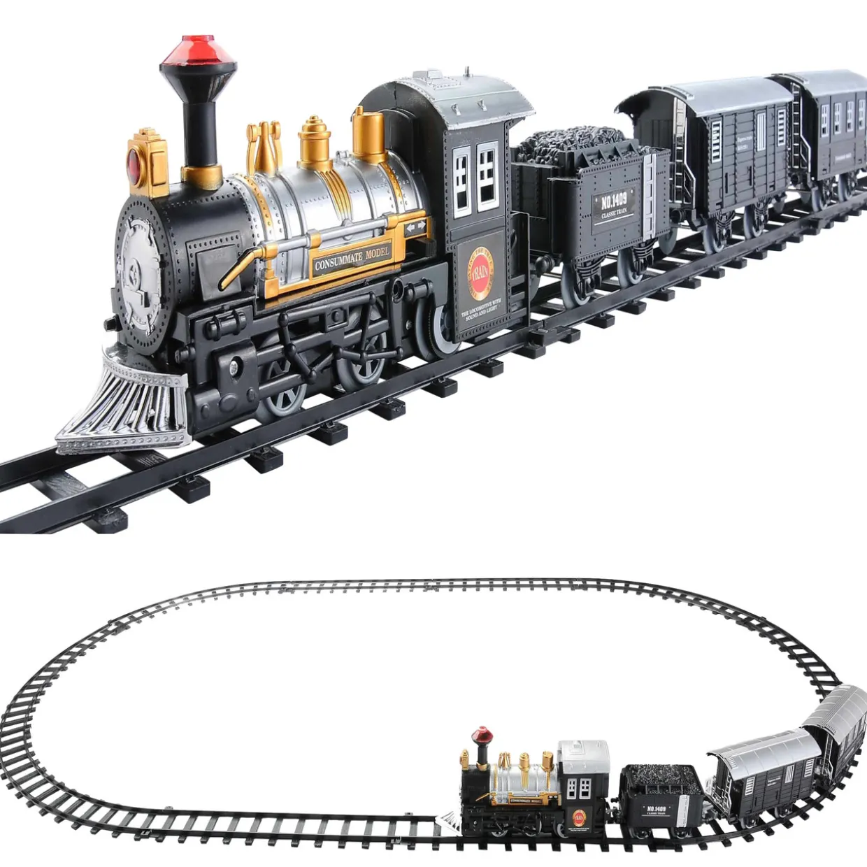 14pc Black Battery Operated Lighted and Animated Classic Train Set