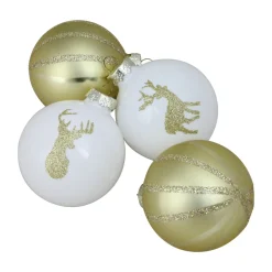 4-Piece Champagne Gold and White Striped Deer Christmas Glass Ball Ornaments 3.5" (90mm)