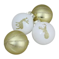 4-Piece Champagne Gold and White Striped Deer Christmas Glass Ball Ornaments 3.5