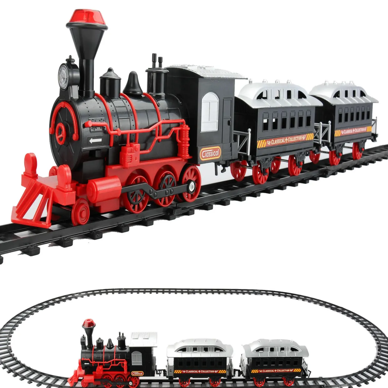 13-Piece Red and Black Battery Operated Lighted and Animated Train Set with Sound