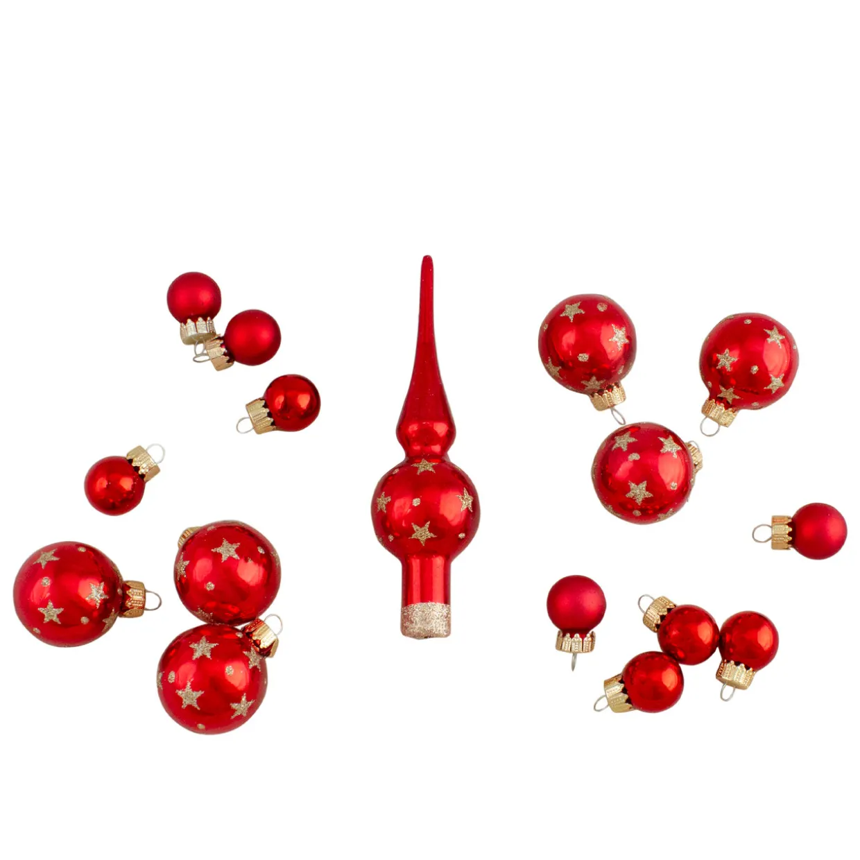 16-Piece Set of Assorted Red Glass Christmas Ball Ornaments with Tree Topper