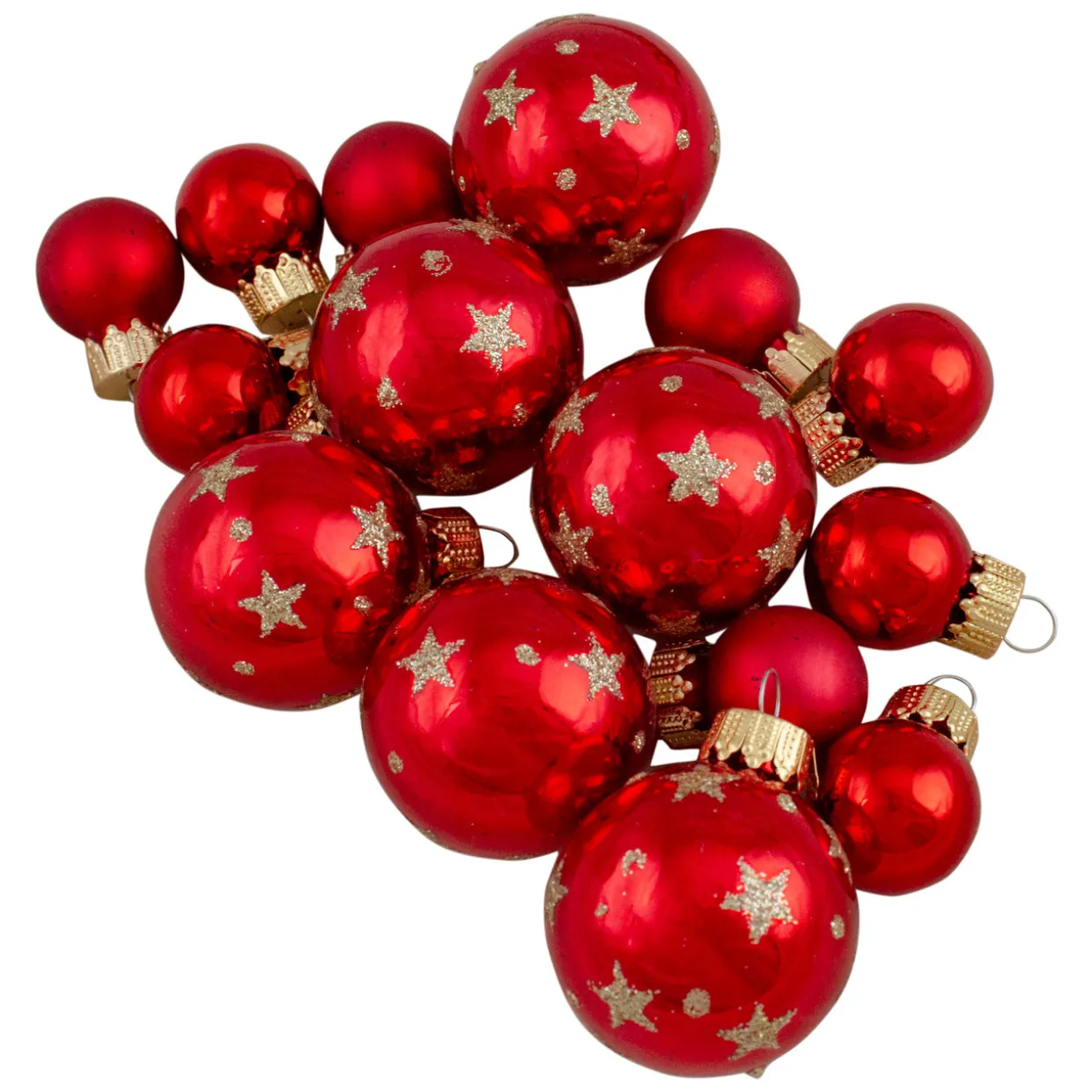 16-Piece Set of Assorted Red Glass Christmas Ball Ornaments with Tree Topper