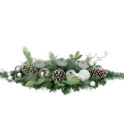 Pine and Berries Triple Candle Holder with Iridescent Christmas Ornaments - 32"