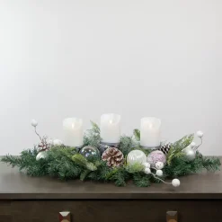 Pine and Berries Triple Candle Holder with Iridescent Christmas Ornaments - 32"