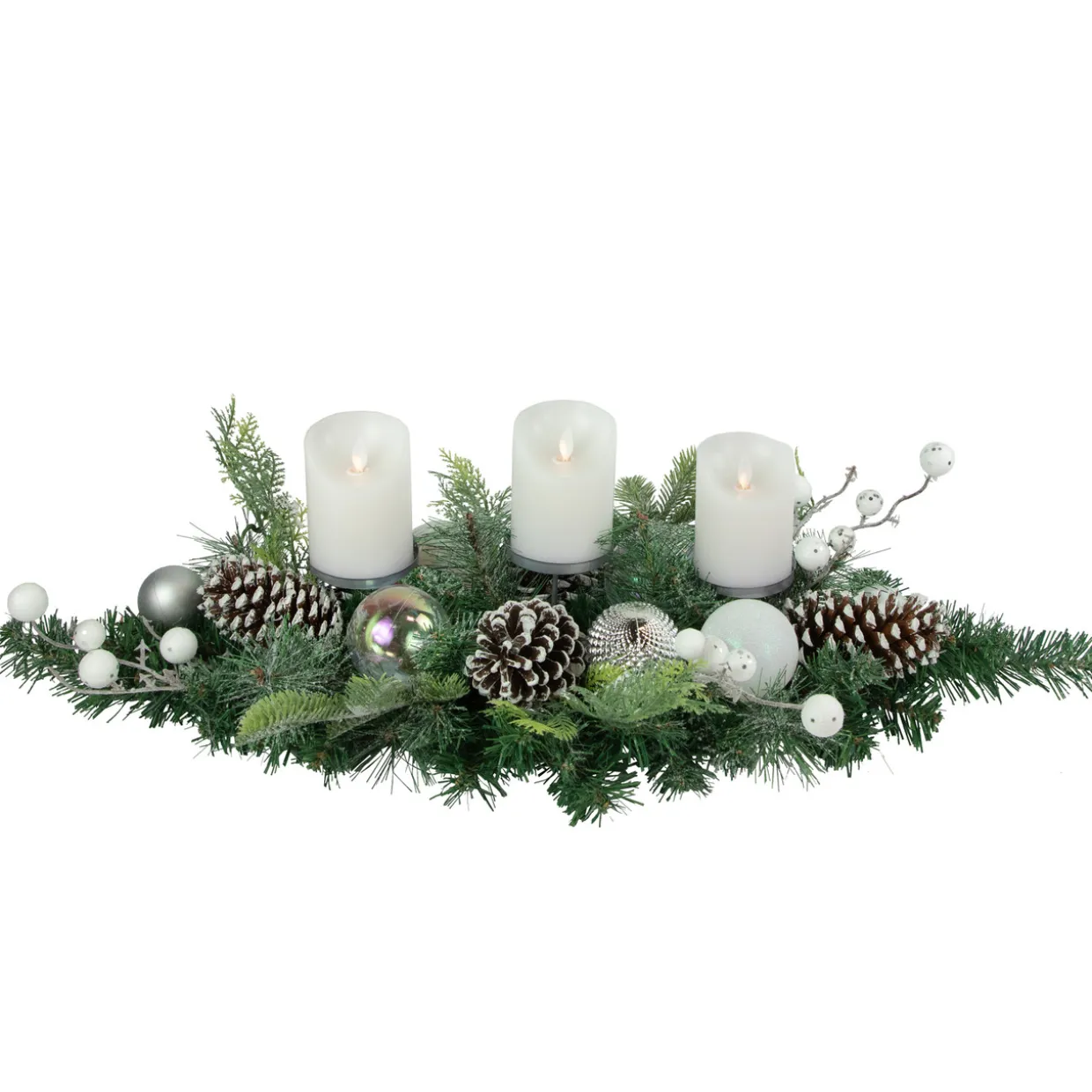 Pine and Berries Triple Candle Holder with Iridescent Christmas Ornaments - 32"