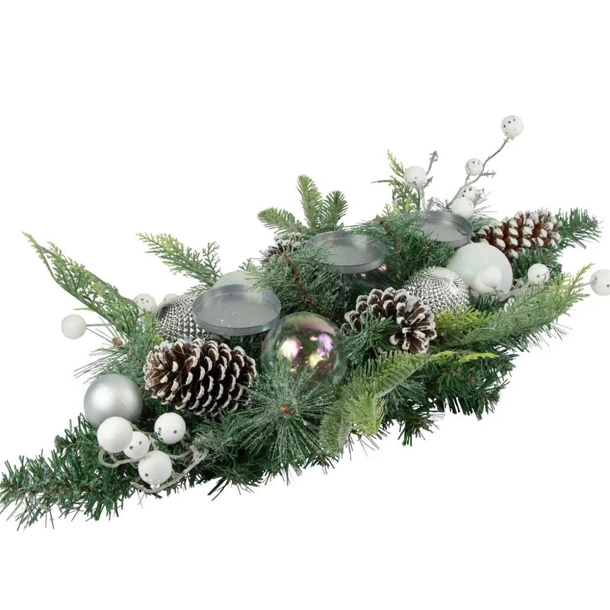 Pine and Berries Triple Candle Holder with Iridescent Christmas Ornaments - 32"