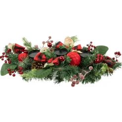 Pine and Berries Triple Candle Holder with Plaid Bows and Christmas Ornaments - 30"