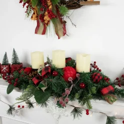 Pine and Berries Triple Candle Holder with Plaid Bows and Christmas Ornaments - 30"