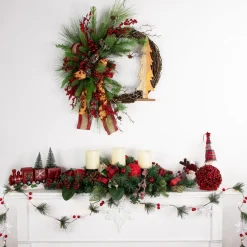 Pine and Berries Triple Candle Holder with Plaid Bows and Christmas Ornaments - 30