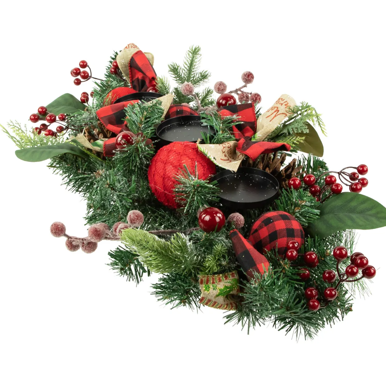 Pine and Berries Triple Candle Holder with Plaid Bows and Christmas Ornaments - 30"