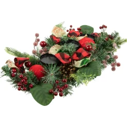 Pine and Berries Triple Candle Holder with Plaid Bows and Christmas Ornaments - 30