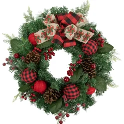 Pine Artificial Christmas Wreath with Bows and Plaid Ornaments - 24" - Unlit