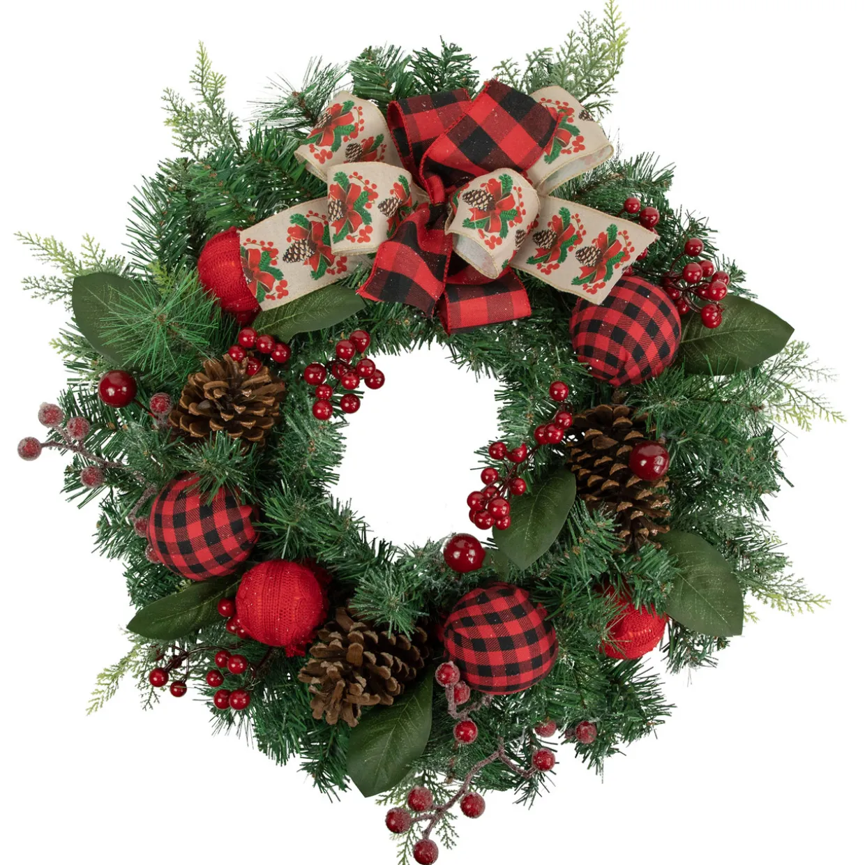 Pine Artificial Christmas Wreath with Bows and Plaid Ornaments - 24" - Unlit