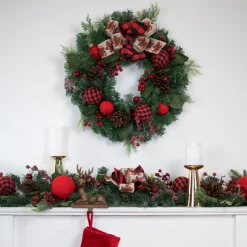 Pine Artificial Christmas Wreath with Bows and Plaid Ornaments - 24" - Unlit