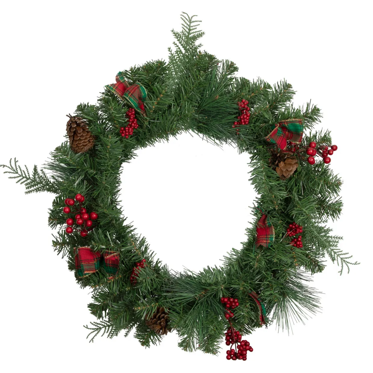 Pine Cones and Berries Artificial Christmas Wreath with Ribbon - 24" - Unlit
