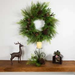 Pine Cones and Jingle Bell Christmas Pillar Candle Holder - 10"