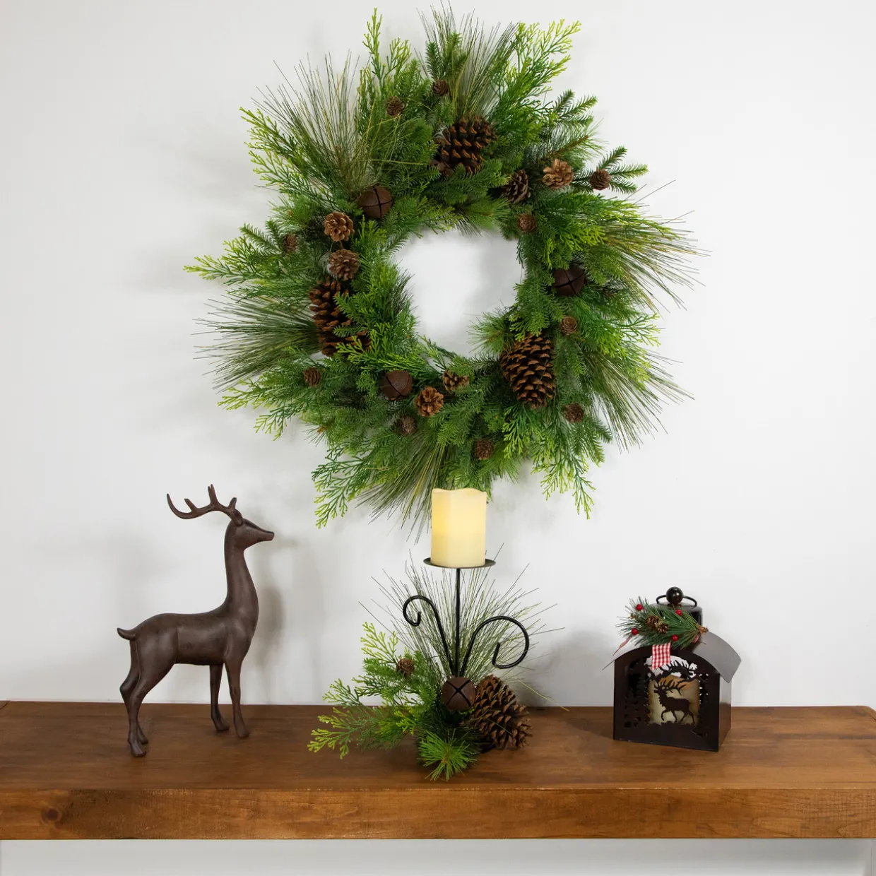 Pine Cones and Jingle Bell Christmas Pillar Candle Holder - 10"