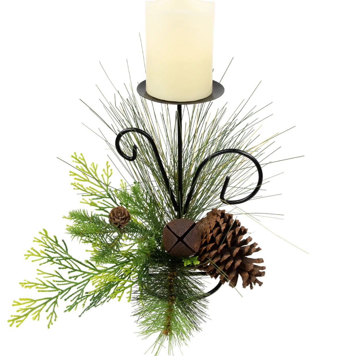 Pine Cones and Jingle Bell Christmas Pillar Candle Holder - 10"