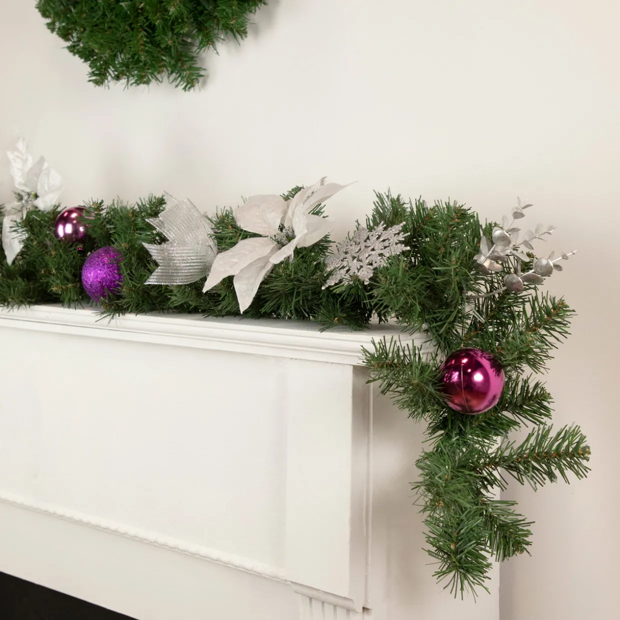 Pine Foliage Poinsettia and Snowflake Artificial Christmas Garland - 6' x 9" - Unlit