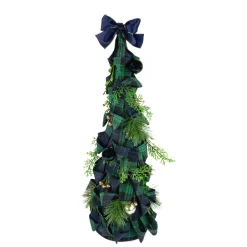 Pine, Jingle Bell and Plaid Ribbon Christmas Cone Tree - 18" - Green and Blue