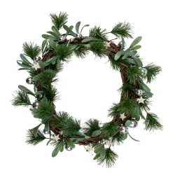 Pine Needle and Silver Ball Ornament Artificial Christmas Wreath, 12-Inch, Unlit