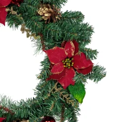Pine, Poinsettia, Berry and Pine Cone Artificial Christmas Wreath, 24-Inch, Unlit