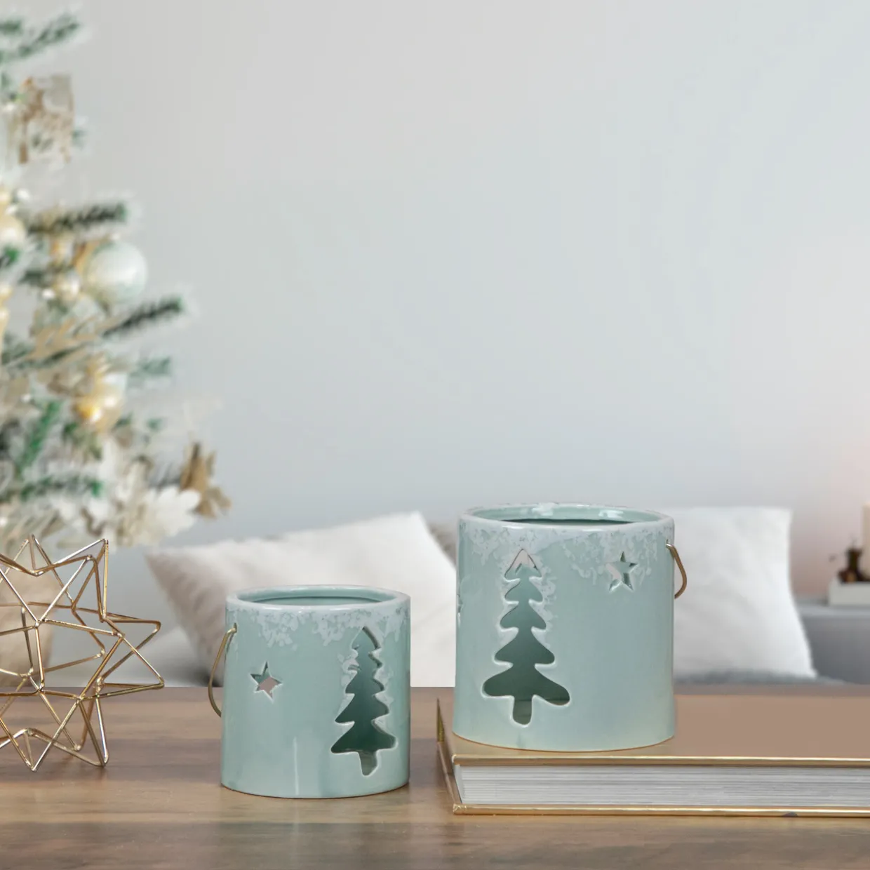 Pine Tree and Star Cutout Tea Light Christmas Candle Holder - 4.25" - Green