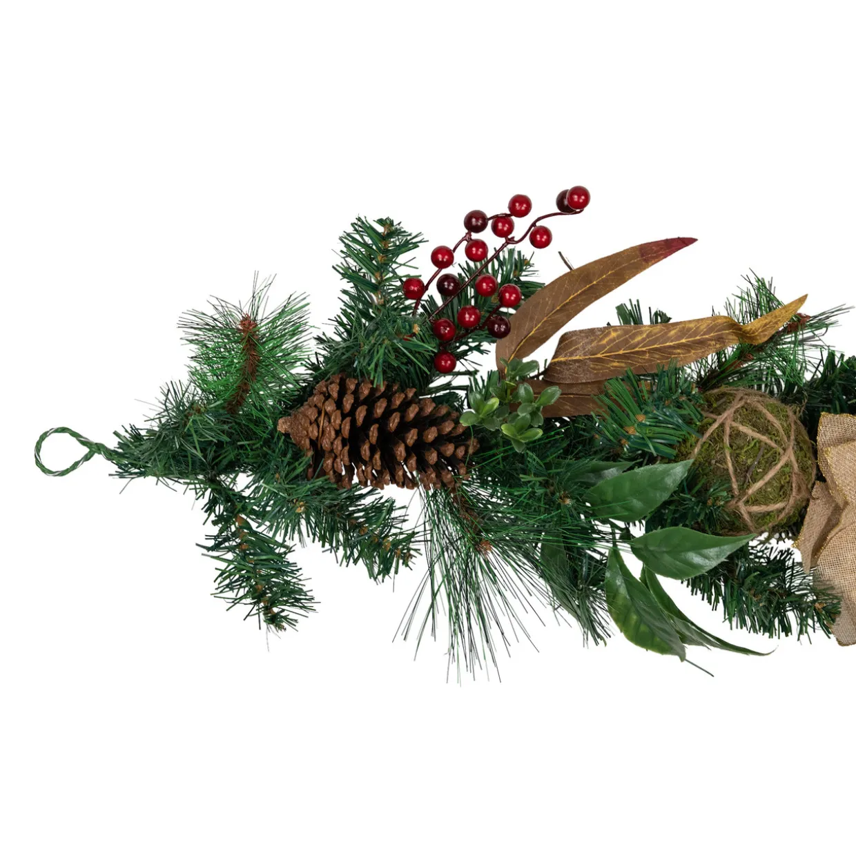 Pine with Burlap Poinsettias and Jute Ornaments Christmas Garland - 6' x 10" - Unlit
