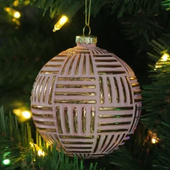 Pink and Gold Striped Matte Glass Christmas Ball Ornament 4" (100mm)