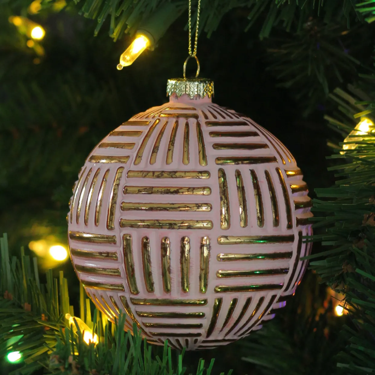 Pink and Gold Striped Matte Glass Christmas Ball Ornament 4" (100mm)