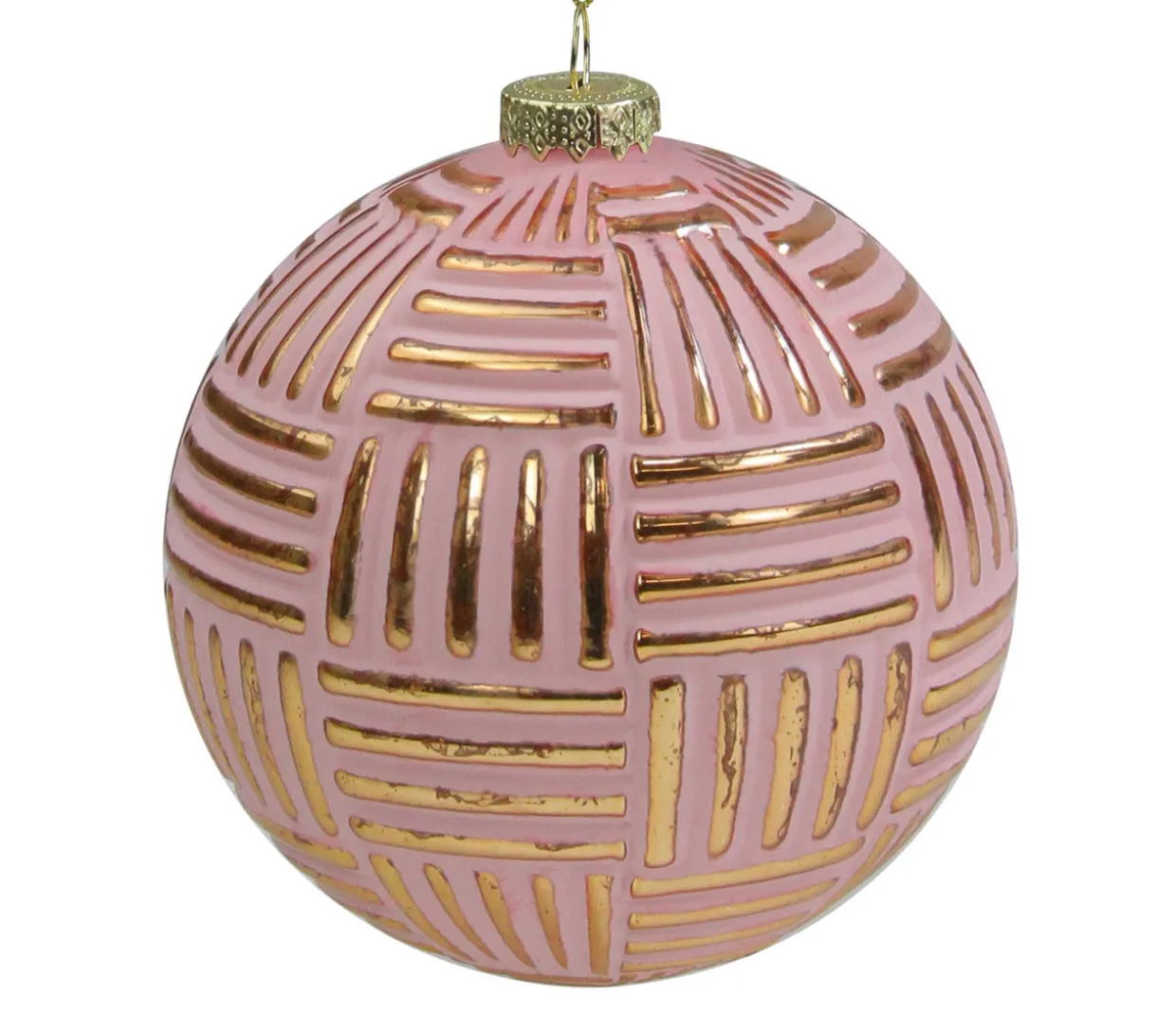 Pink and Gold Striped Matte Glass Christmas Ball Ornament 4" (100mm)