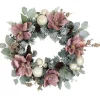 Pink Floral and Ball Ornament Frosted Pine Artificial Christmas Wreath, 24-Inch, Unlit