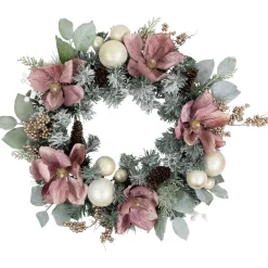 Pink Floral and Ball Ornament Frosted Pine Artificial Christmas Wreath, 24-Inch, Unlit