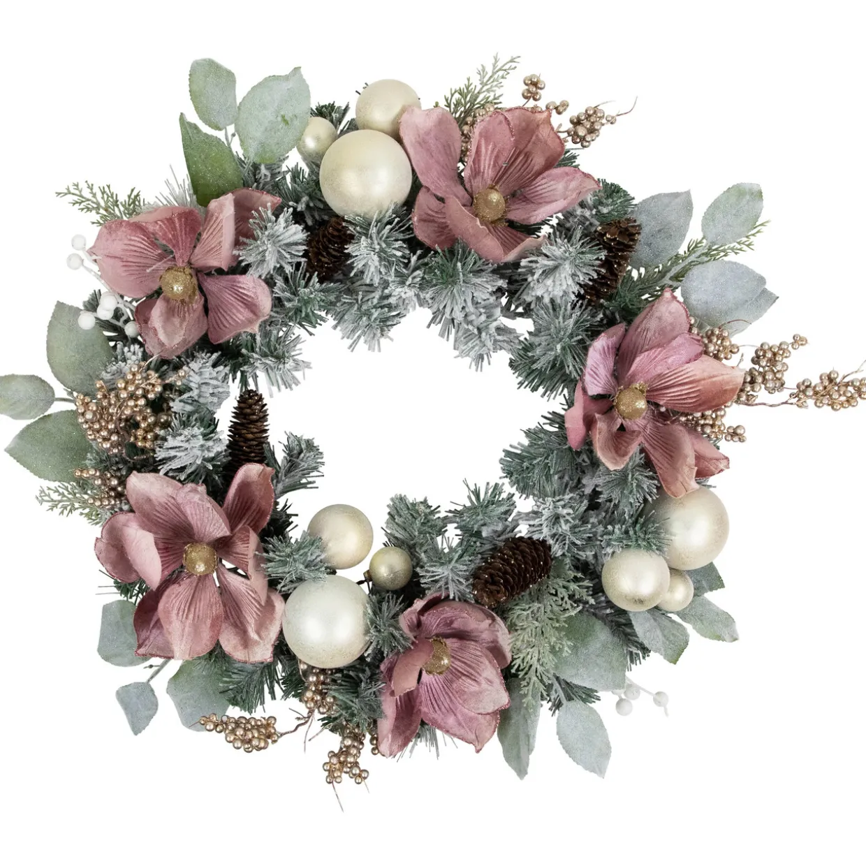 Pink Floral and Ball Ornament Frosted Pine Artificial Christmas Wreath, 24-Inch, Unlit