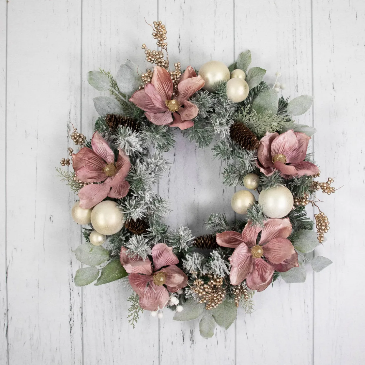Pink Floral and Ball Ornament Frosted Pine Artificial Christmas Wreath, 24-Inch, Unlit