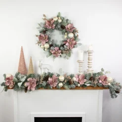 Pink Floral and Ball Ornament Frosted Pine Artificial Christmas Wreath, 24-Inch, Unlit