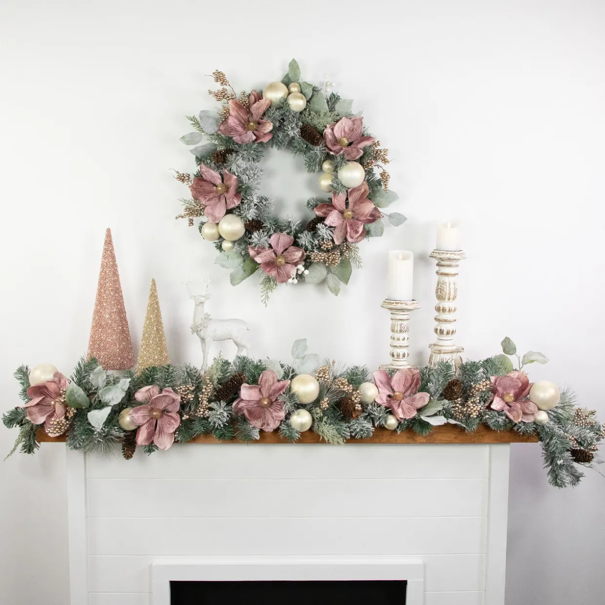 Pink Floral and Ball Ornament Frosted Pine Artificial Christmas Wreath, 24-Inch, Unlit