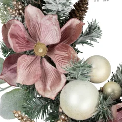 Pink Floral and Ball Ornament Frosted Pine Artificial Christmas Wreath, 24-Inch, Unlit