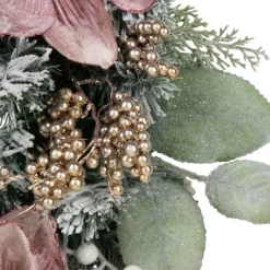 Pink Floral and Ball Ornament Frosted Pine Artificial Christmas Wreath, 24-Inch, Unlit