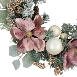 Pink Floral and Ball Ornament Frosted Pine Artificial Christmas Wreath, 24-Inch, Unlit