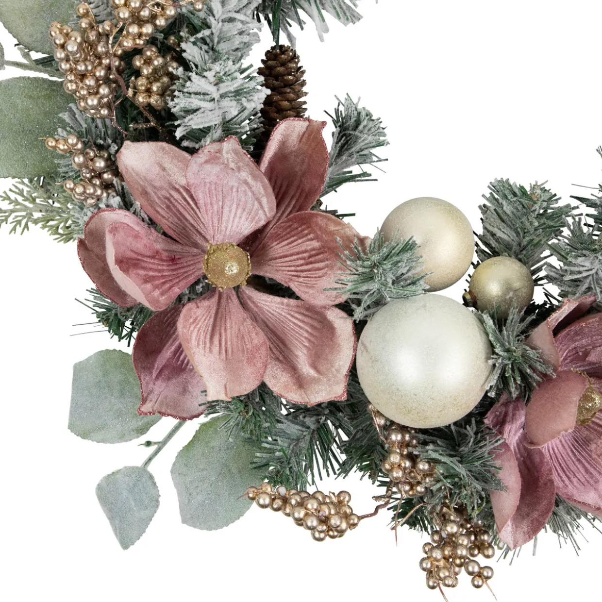 Pink Floral and Ball Ornament Frosted Pine Artificial Christmas Wreath, 24-Inch, Unlit