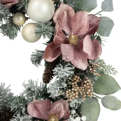 Pink Floral and Ball Ornament Frosted Pine Artificial Christmas Wreath, 24-Inch, Unlit