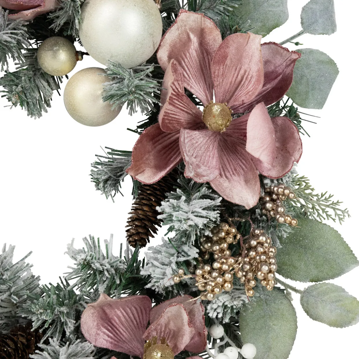 Pink Floral and Ball Ornament Frosted Pine Artificial Christmas Wreath, 24-Inch, Unlit